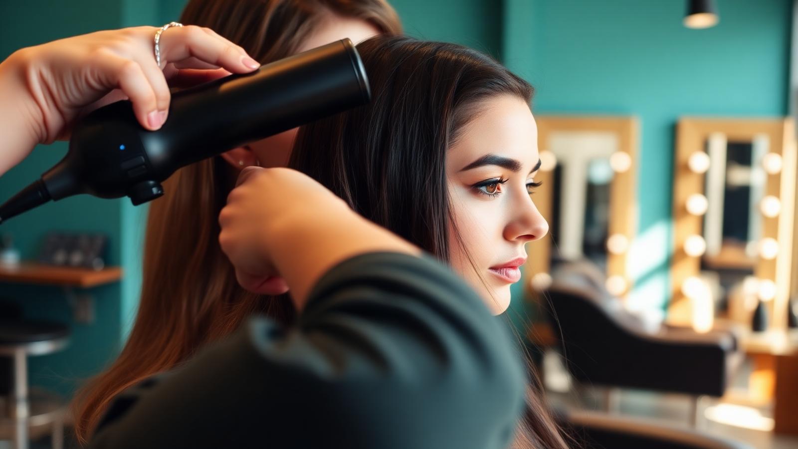 Stylist blow-drying a client's hair